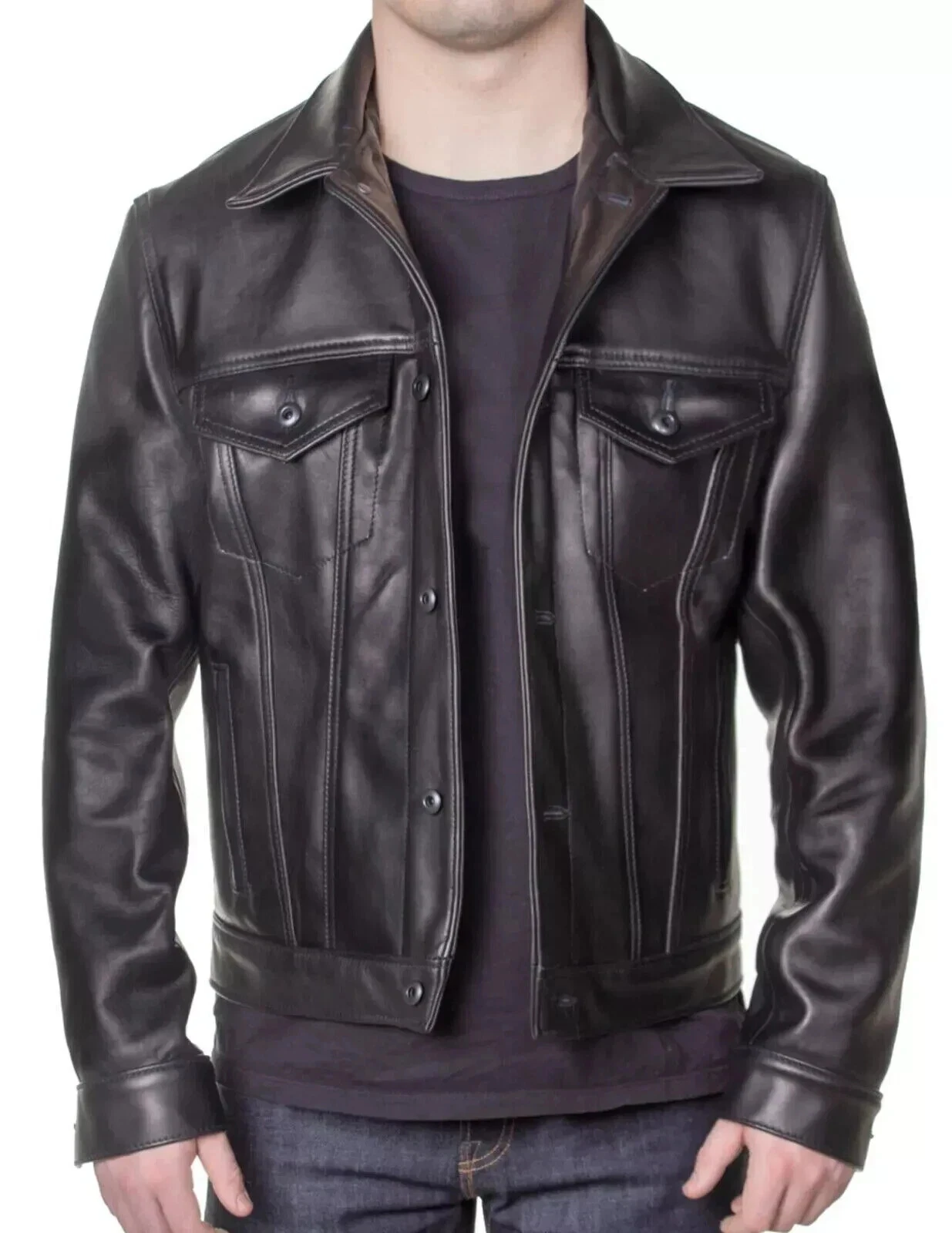Mens Black Trucker Moto Biker Jacket Real Lambskin Leather Denim Style Coat