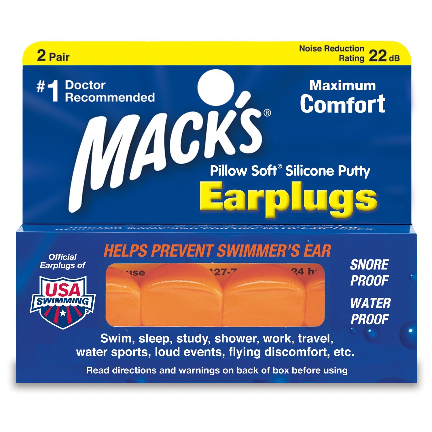 Mack's Pillow Soft Ear Plugs. Suitable for Swimming (2 Pair) - Orange
