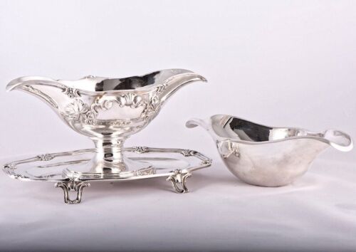 19C Antique French Sterling Silver Sauce Gravy Boat Jug Bowl Saucier TURQUET 3pc - Picture 1 of 12