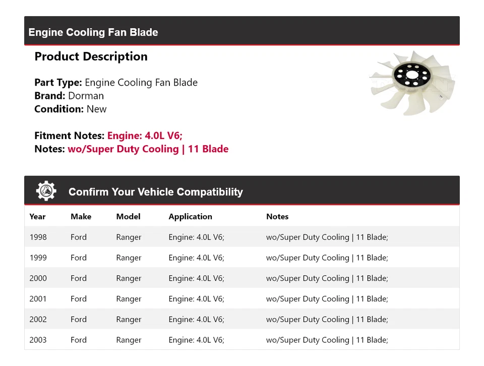 Лопасть вентилятора охлаждения двигателя для Ford Ranger 4,0 л V6 Dorman 1998-2003 годов выпуска 1999 2000 годов выпуска - Изображение 2 из 4