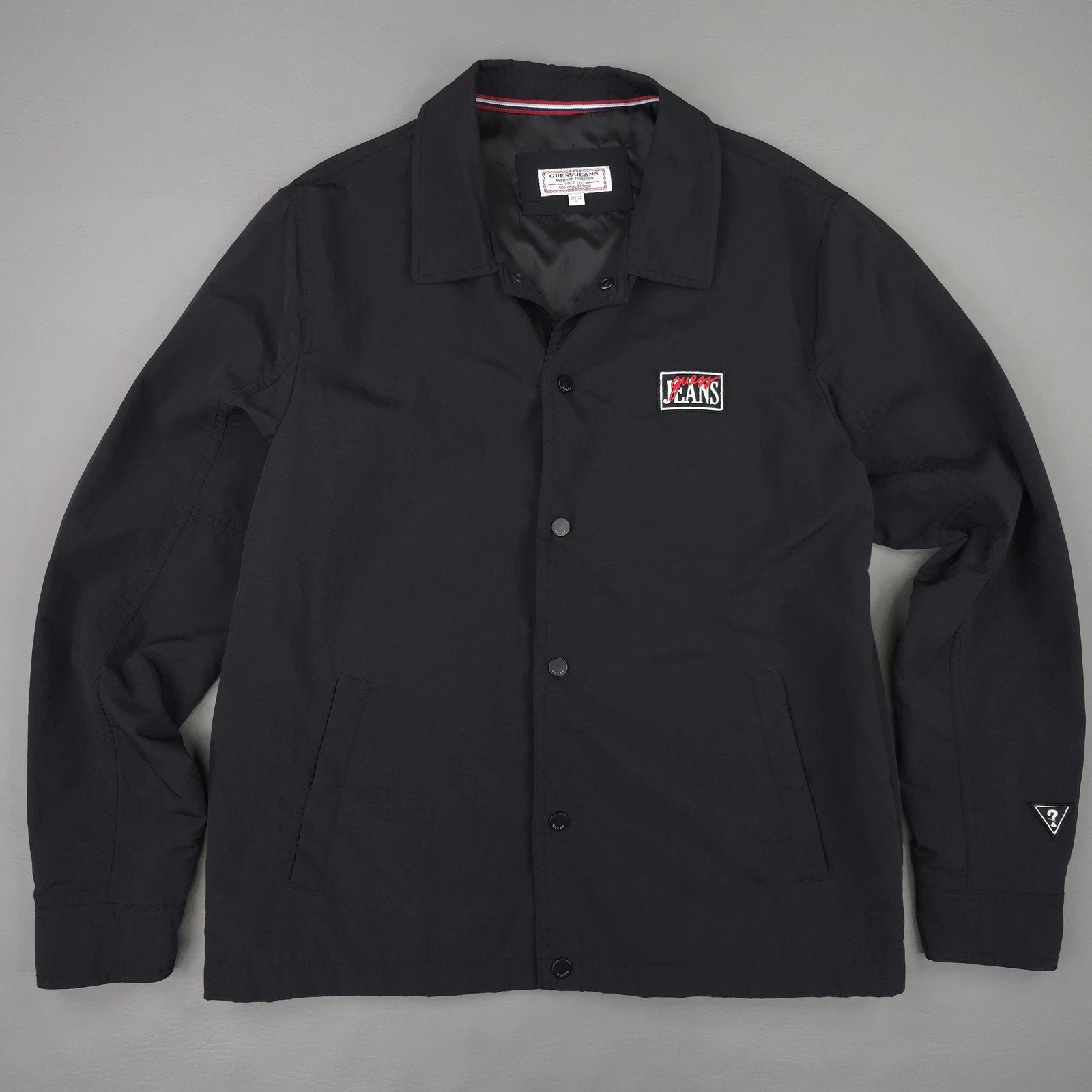 Guess Jeans Jacket Mens Large Black Snap Front Lined Coach Windbreaker M11W2860
Opens in a new windo