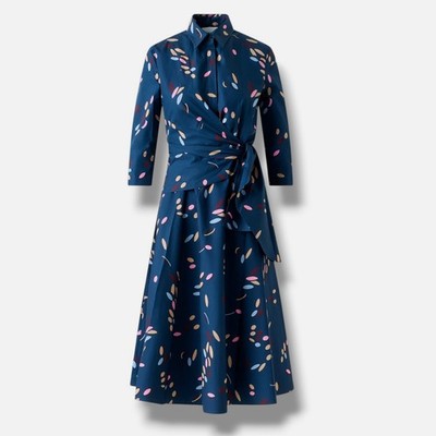 Akris Punto Women Blue Dropping Dots Cotton Poplin MIDI Wrap Shirtdress Size 10