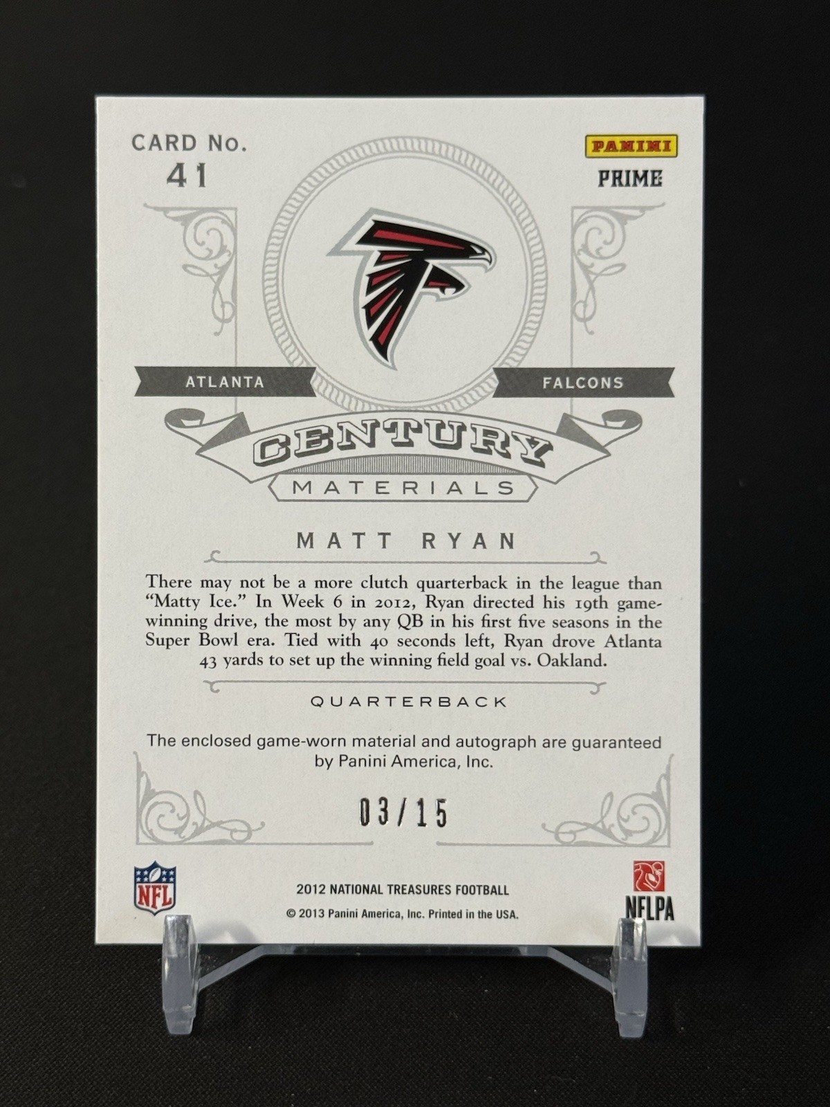 2012 National Treasures Matt Ryan Century Materials Auto /15 #41 🔥Game Worn 🔥 view 2