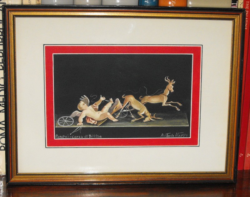 Nappo 1950s—Putto in chariot—Gouache/Watercolor painting—Pompeii—Casa dei Vetti