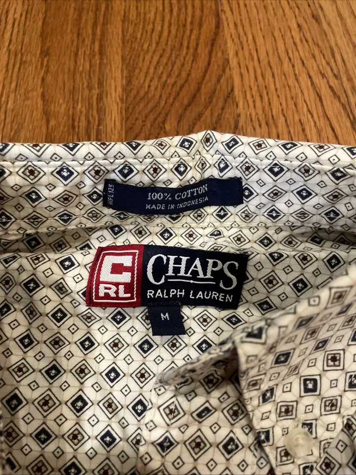 Camisa con botones Chaps Ralph Lauren para hombre patrón blanco geométrico diamante talla M Foto 4 de 4