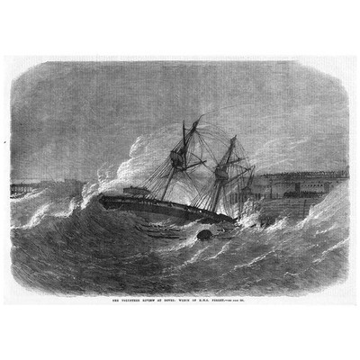 Schiffswrack der HMS Frettchen bei Dover - antiker Druck 1869
