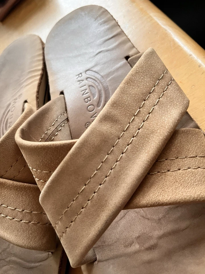 彩虹皮革上衣鞋底双层 X 交叉带棕褐色拖鞋凉鞋 9 码 — 第 2/4 张图片