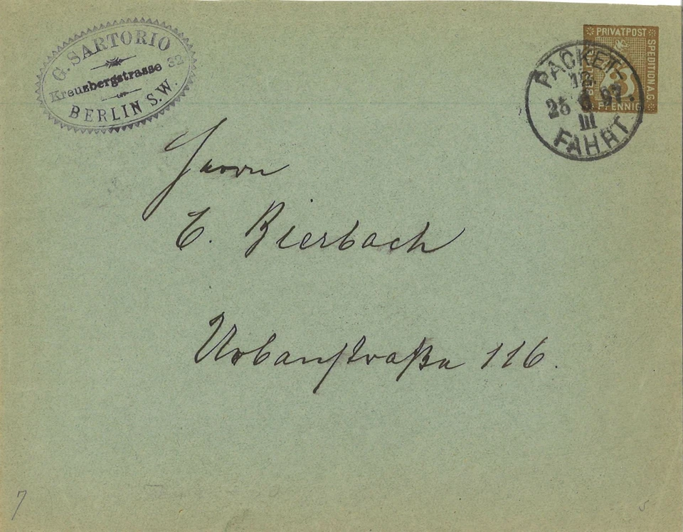 Philateliegeschichte: Privatpost 3 Pf. Ganzsache an E. Bierbach 25.6.1897 - Bild 1 von 1