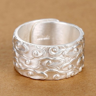 Pure silver auspicious cloud ring with adjustable width and foot silver