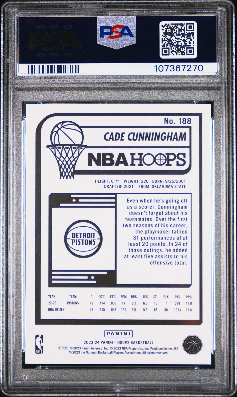 2023 Panini NBA Hoops #188 Cade Cunningham Hyper Green PSA 9 #/25 view 2