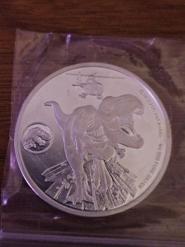 2022 Fiji Jurassic World BU 1 Oz .999 Silver Dinosaur T-Rex Fossil Bit Art Coin
