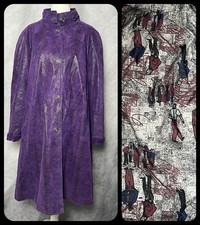 Vintage 1980s-90s Purple Embossed Suede Coat Artistic Cityscape Lining Sz 36 M