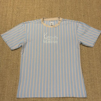 Karl Kani Men's T-Shirt Blue/Beige Striped Size M