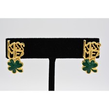 Vintage Lucky Shamrock Earrings Green Gold Kiss Me Irish St. Patrick's Day BinA6