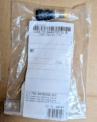 WAGO 756-9409/060-000 Accessories; M12 Bus Terminating Plug, axial; 5-pole (New)