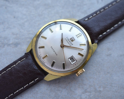 1970 Vintage Tissot Seastar Gold Mechanical Silver Dial Leather Watch Visodate