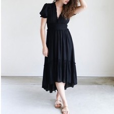 Ulla Johnson Silk Sonja Dress Noir Black V-Neck Smocked High Low Midi Womens 8