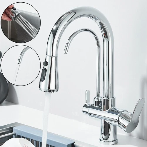 3 Way Kitchen Sink Mixer Tap Filter Pure Water Pull Out 360° Dual Spout Chrome