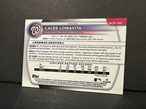 Tarjeta de béisbol Bowman Caleb Lomavita 2025 refractor cromado primera/499 #BCP-120 ¡MLB! - Imagen 14 de 15