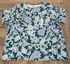 Croft & Barrow Plus Size 4X Teal Blue White Floral  Crew Neck The Classic Tee
