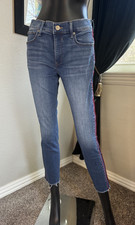 Express Women's Jeans Ankle Legging Mid-Rise Red Trim Raw Edge Ankle Size 8