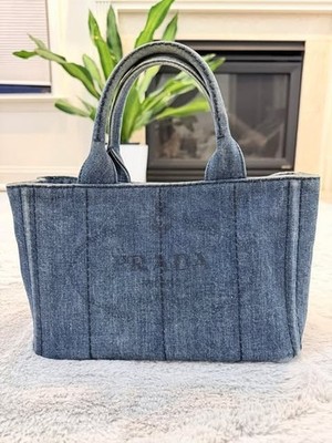 PRADA Canapa Small Denim Tote Bag Blue Canvas Handbag Logo Triangle Plate AUTH