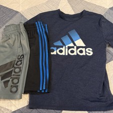 Adidas Boys 3-Piece Bundle Outfit Shorts T-Shirt Set Size 8 Small Black Blue