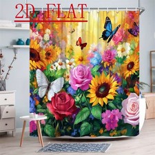 Watercolor Brilliant Flowers Butterfly Waterproof Shower Curtain Bathroom Decor