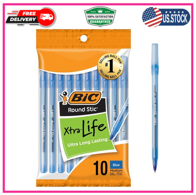 10-Count Pack BIC Round Stic Xtra Life Blue Ballpoint Pens, Medium Point (1.0mm)