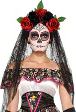Day of the Dead Headpiece Rose Floral Crown Veil Halloween Costume Mexican Flowe