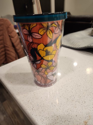Starbucks 16oz Tumbler Poppy Flowers Acrylic Cold Drink Green Orange Rare - Picture 2 of 7