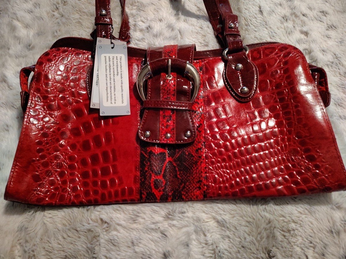 M.C. GENUINE LEATHER RED HANDBAG PURSE SHOULDER FAUX CROC SNAKE | eBay