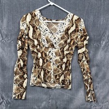 YOYO 5 Snake Skin Print Fitted Blouse Womens Medium Long Ruffle Sleeve USA MADE