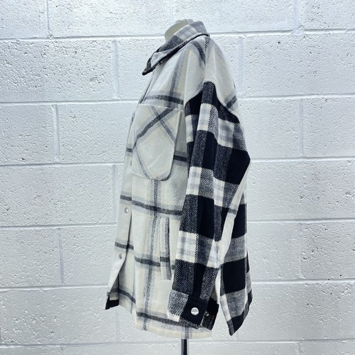 H&M CREAM BLACK CHECKED SHACKET COAT JACKET BUTTON UP WOOLY OVERSIZED UK S - Picture 3 of 6