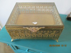 Authentic Vintage Filigree Jewelry Box Globe 24 kt Gold Plated Beveled Glass Large