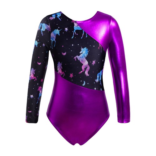 Kids Girls Round Necked Long Sleeved Gymnastics Ballet Dance Leotard Jumpsuit - Picture 16 of 55