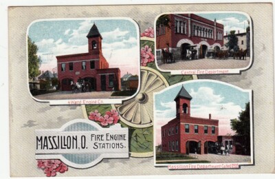 Massillon Ohio Fire Engine Stations Departments Postcard - Posted 1911 ~ PC2AC