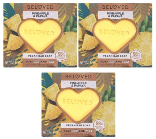 3 PACK Beloved Vegan Bar Soap Pineapple & Papaya, 98% Natural. 4.0oz