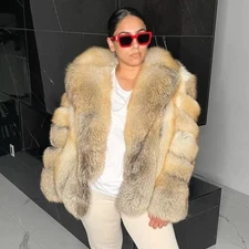 Winter Luxury Women's Real Golden Island Fox Fur Coats Big Shawl Collar Overcoat