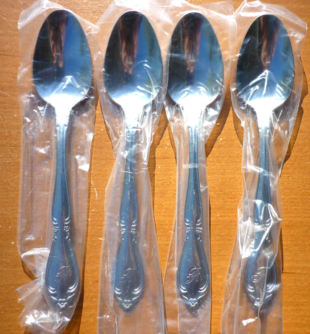(4) Rogers Kenwood Korea CUS11 Stainless Flatware Monogram R TeaSpoons