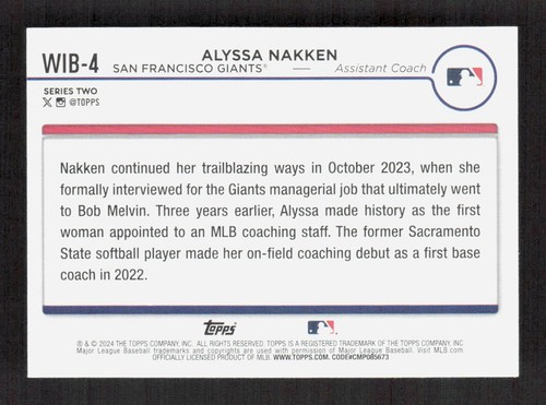 2024 Topps Series 2 Alyssa Nakken #WIB-4 Women In Baseball - Picture 2 of 2