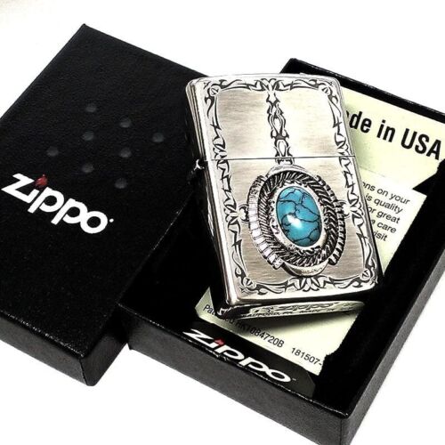 Zippo Stile Turchese Argento Tribale Ibushi Incisione Indiana Imitazione Pietra Giappone - Foto 5 di 6