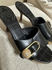 Authentic Vintage Chanel Black Leather Open Toe Slides size 35