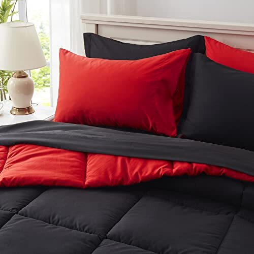 Comforter Set 7 Piece, Black Bed in a Bag with Sheets, Queen Black&red-grid - Picture 5 of 7