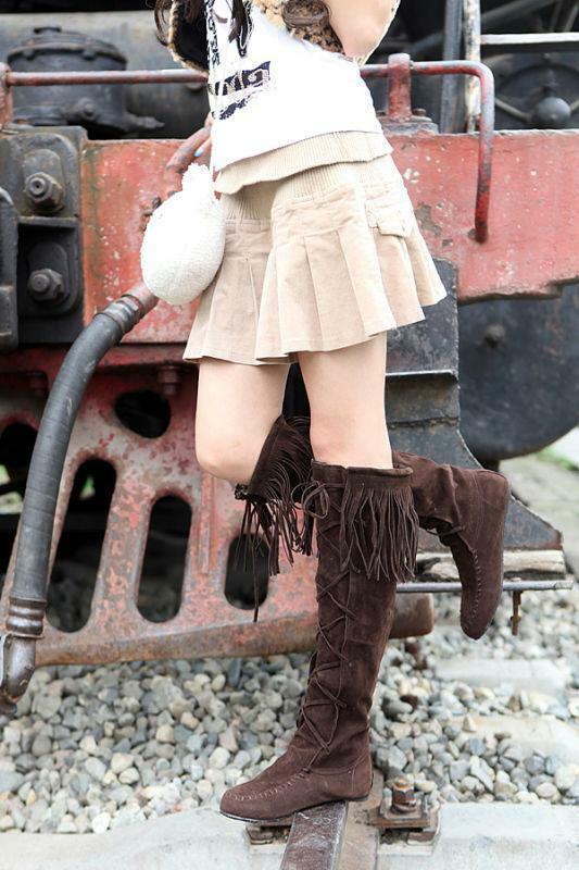Womens lace up Knee High Faux Suede Knight Boot Flat Tassel Moccasins ...