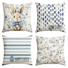 Happy Easter Hunny Bunny Blue Throw Pillow Covers, 18 x 18 Inch Flowers