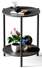 Round Side Table, 2-Tier Circle End Tables with Storage Wood Rustic 15.75" Sm...