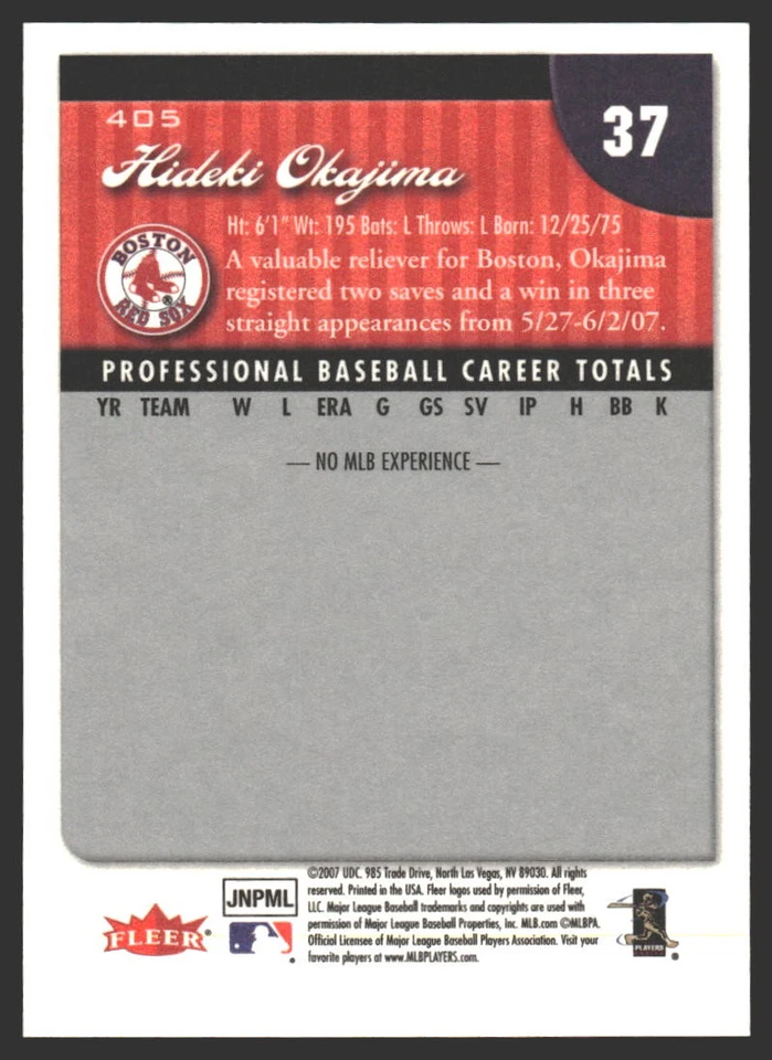 Hideki Okajima #405 2007 Fleer Boston Red SoxRC Rookie - Image 2 of 2