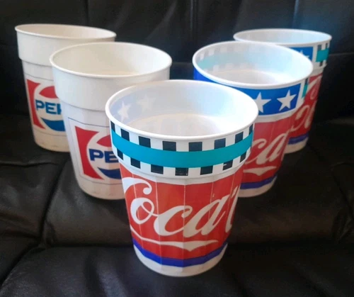 5 Vintage 5" PLASTIC TUMBLER CUPS - 3 Coke & 2 Pepsi - USED - Promotional