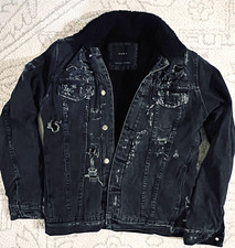 Zara Distressed Black Denim Jacket Faux Sherpa Collar custom by G8G Designs